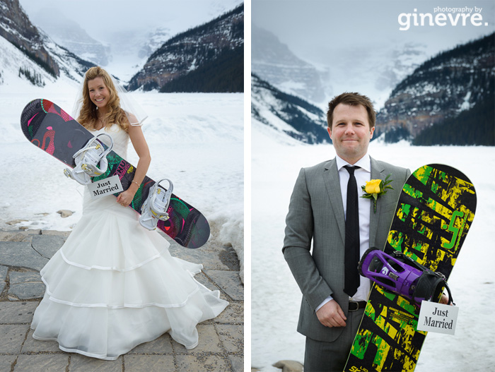 Lake Louise Wedding photo with snowboards