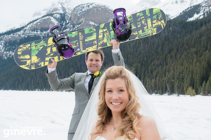 Lake Louise Wedding photo with snowboards